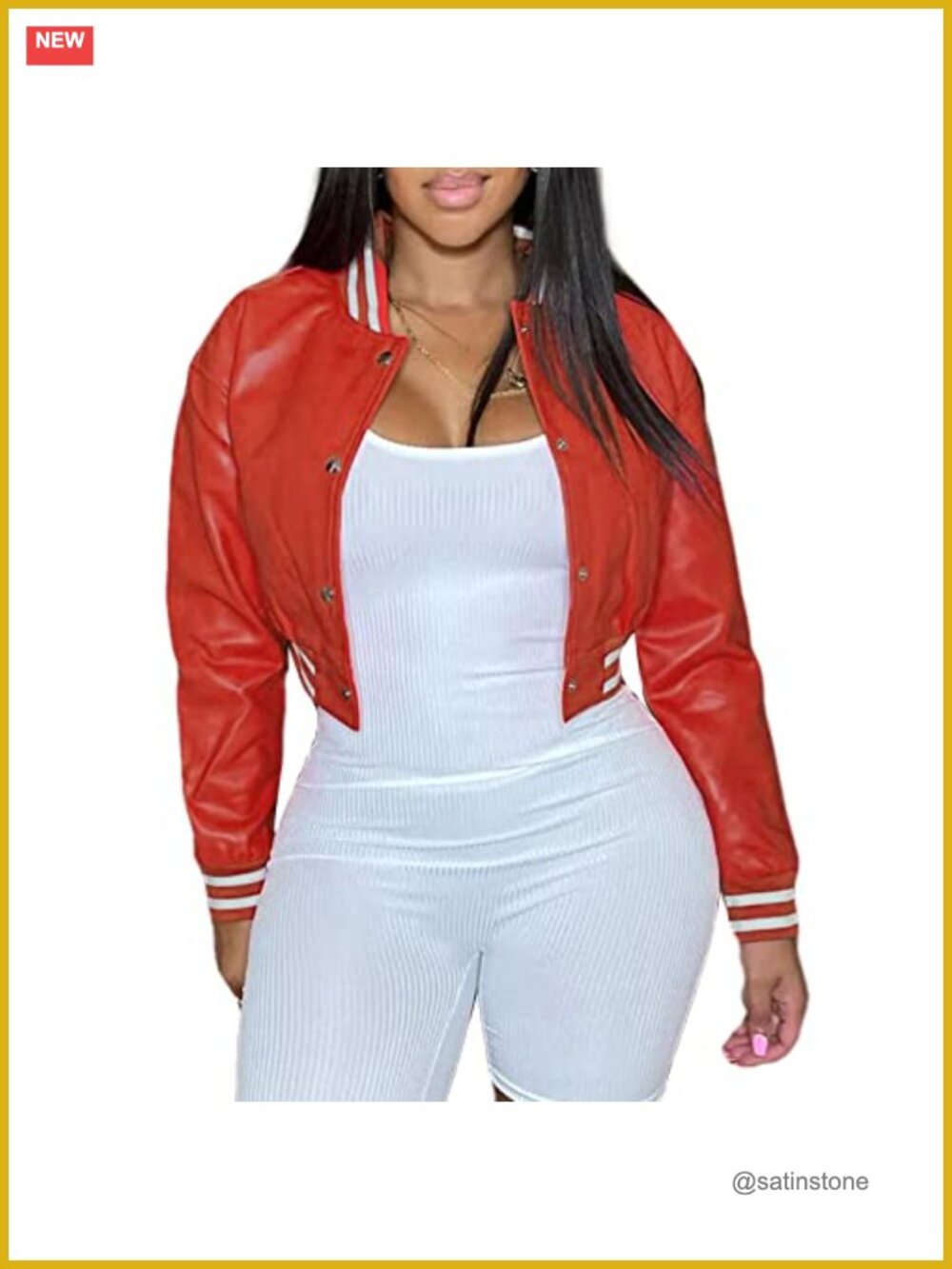 Faux Leather Varsity Bomber Jacket Crop Snap Button Casual